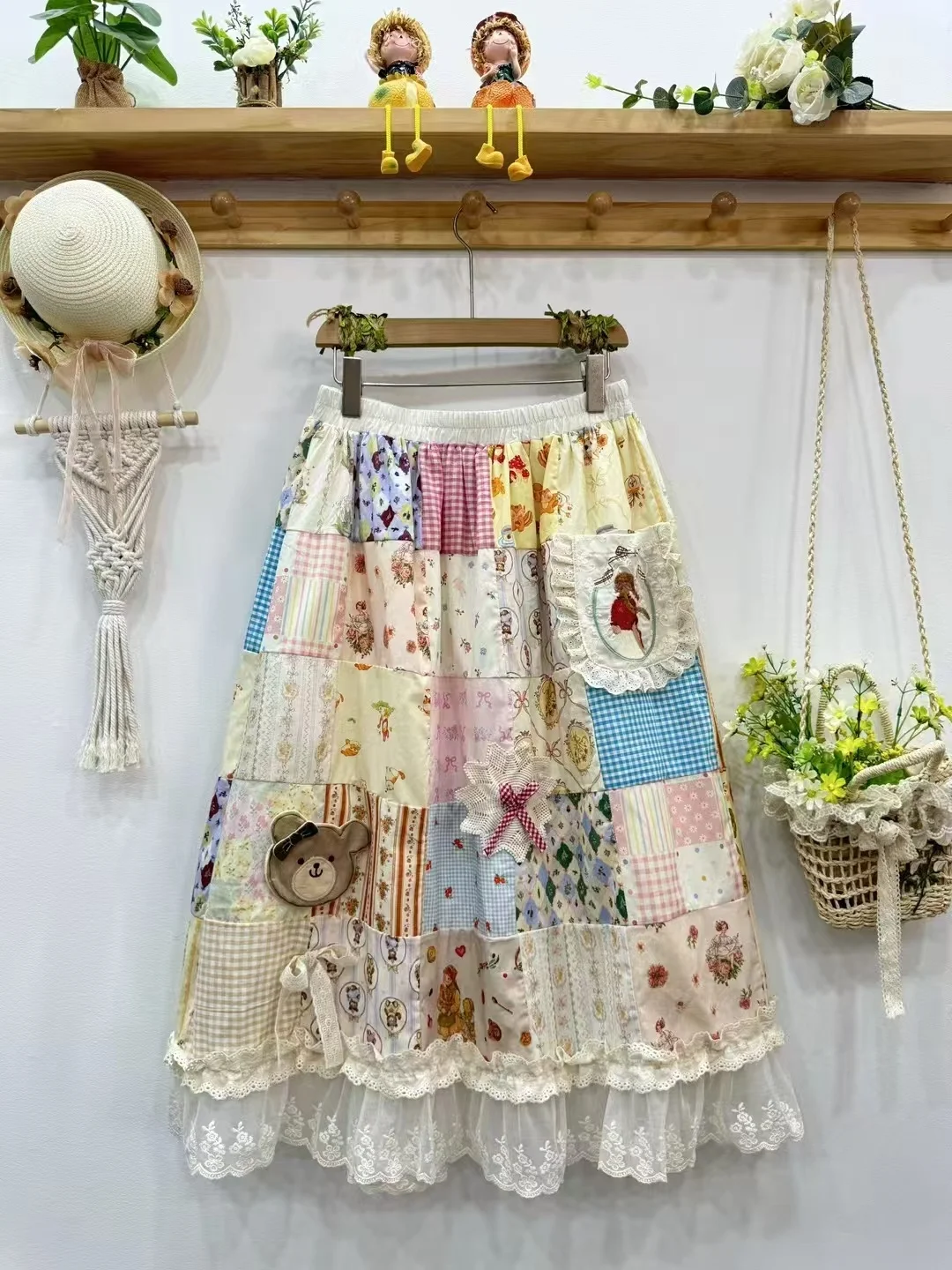 Retro bosque Sle Patchwork bordado Primavera Verano f falda cintura elástica versátil linda chica encaje empalme falda