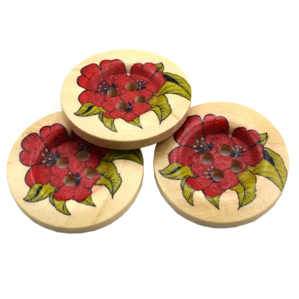 20PCS 30MM Flower Printed Round Wooden Button 4 Holes Mixed Wood Buttons Sewing Accessories for Clothing Decoration DIY