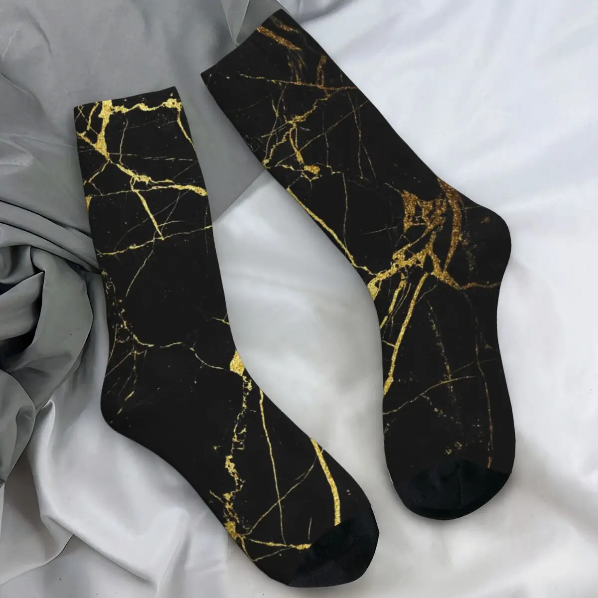 Black Gold Marble Socks Autumn Abstract Geometric Stockings Modern Unisex Comfortable Socks Design Climbing Non Skid Socks