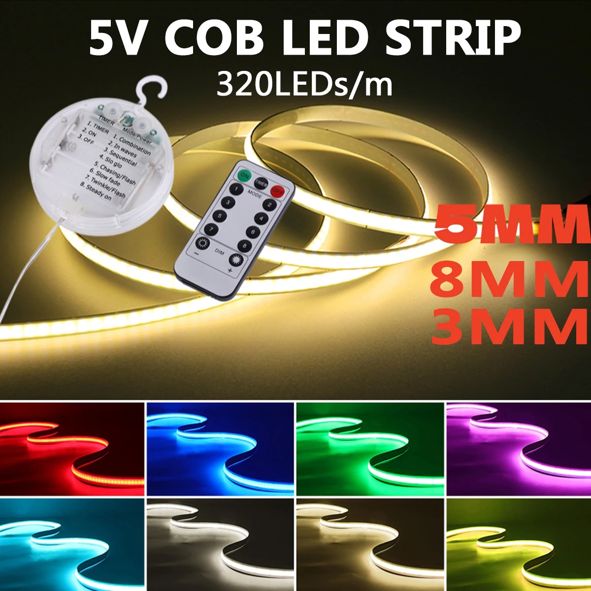 DC5V COB LED Strip Light 13Key Control 3MM 5MM 8MM PCB Warm/White/Pink/Red/Yellow/Ice Blue/Green 320LED/m Flex Ribbon Home Decor