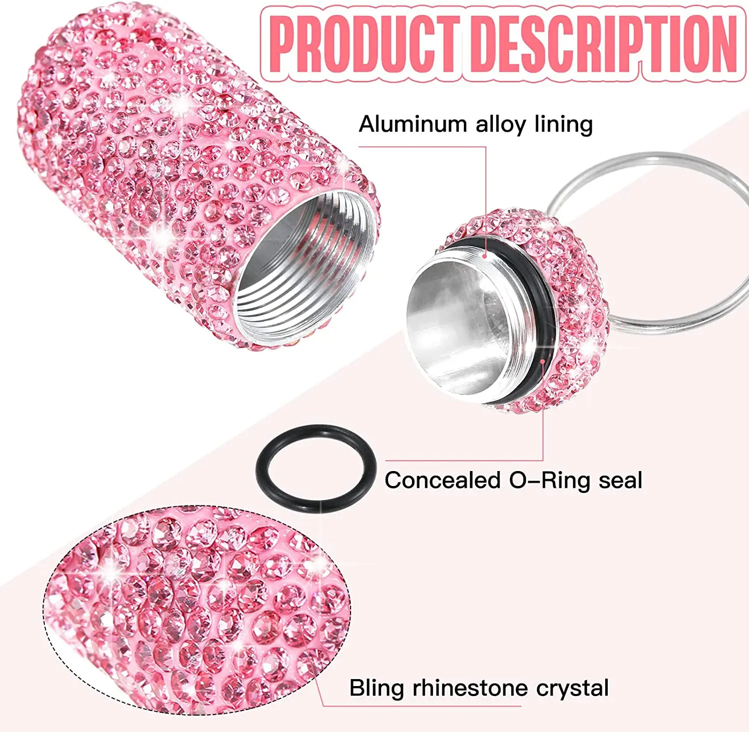 Bling Rhinestone Pillenbehälter, tragbares Pillenflaschenetui, wasserdichte Reise-Medizinbox, schöner Halter zur Aufbewahrung mit Schlüsselanhänger – Detail 3