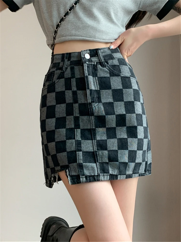 REALEFT High Waist Classic Chessboard Women's Denim Pencil Short Skirts 2023 New Spring Summer Jean Sexy Wrap Mini Skirts Female