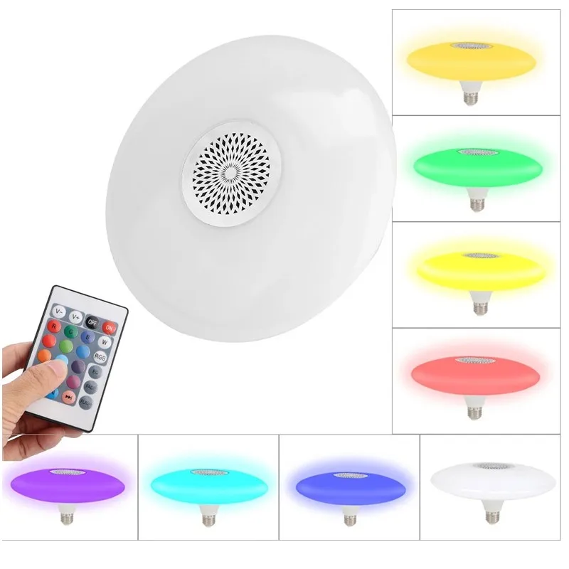 ZAOXI-Lámpara UFO de música inalámbrica, Bombilla de Altavoz Bluetooth E27 RGB + blanco regulable, luz de techo Led inteligente, Control remoto para el hogar