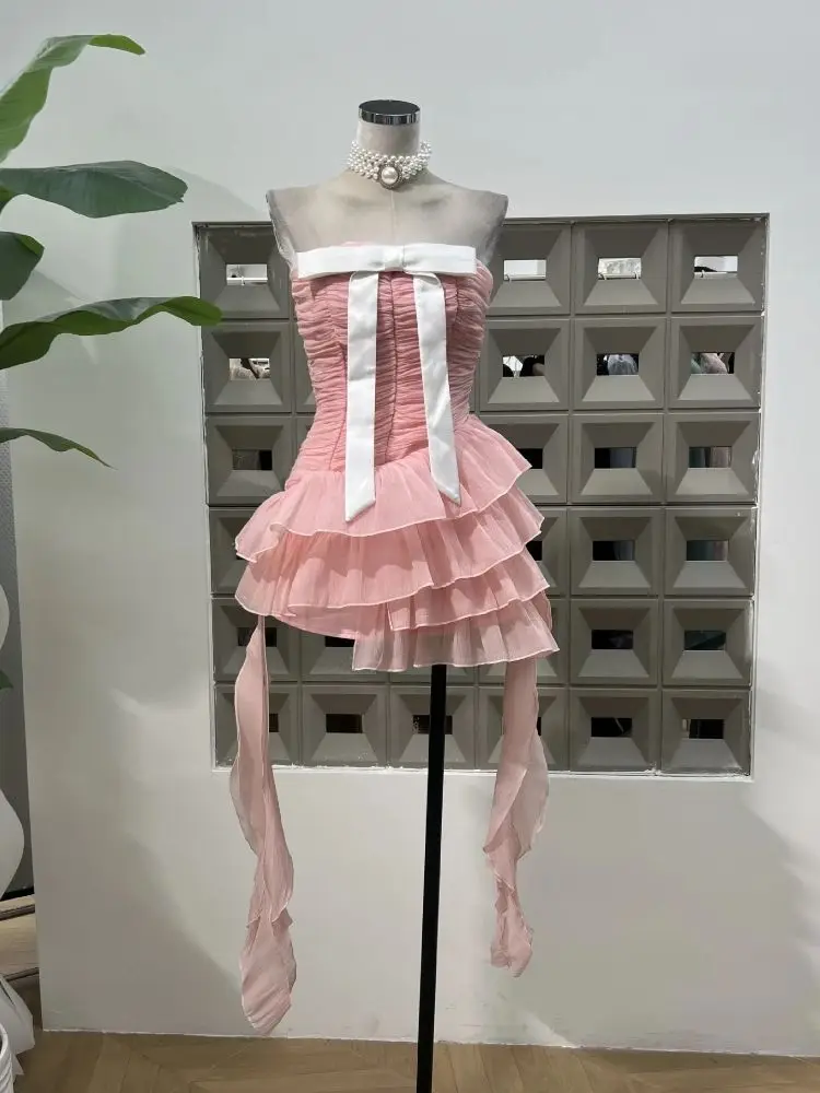 

New Summer Hot Color Splicing Ruffle Women's Irregular Dress Strapless Sleeveless High Waist Patch Bow Slimming Women's Dresses