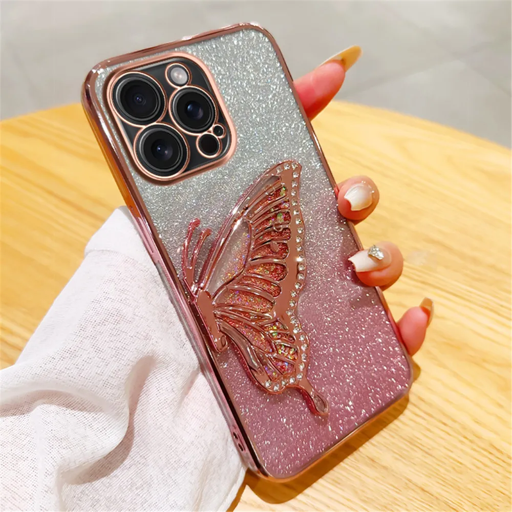 Gradient Glitter Butterfly Quicksand Plating Phone Case For iPhone 15 11 12 13 14 Pro Max Mini X XS Max XR 7 8 Plus Soft Cover