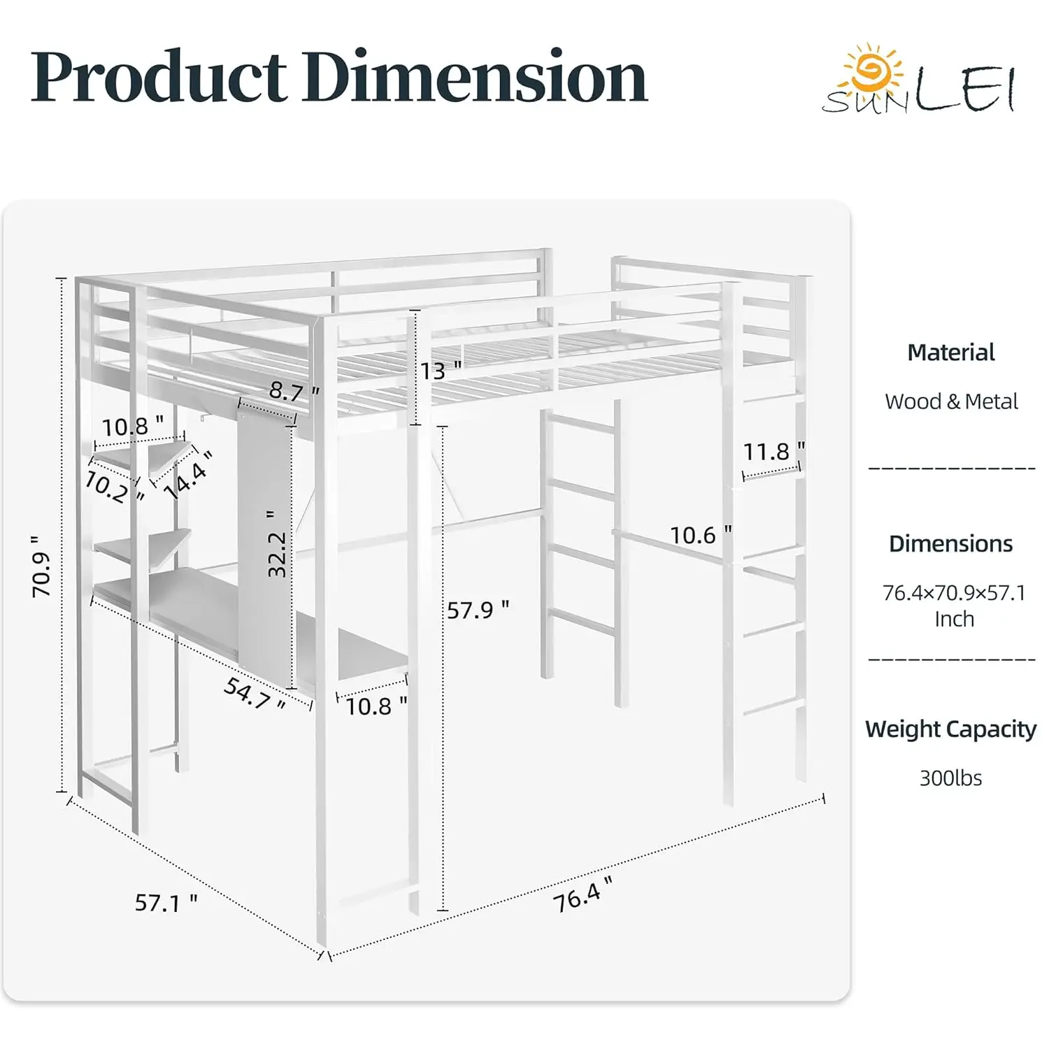 Full Size Metal Loft Bed with Desk, 2 Built-in Ladders & Safety Guard, Noise Free for Small Bedroom, Matte White, Customized