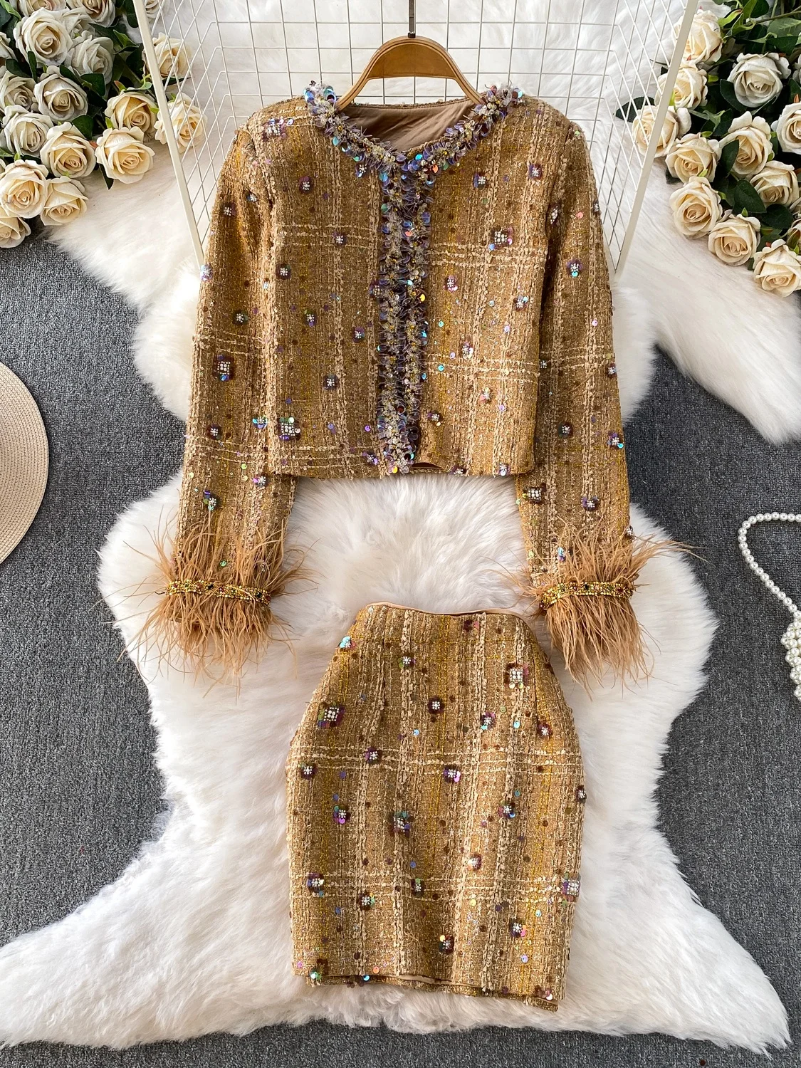 Ele European High-Quali Lightweight Luxury Diamond-Encrusted Sequin ort Skirt Set Women's Coat with Fur Sves