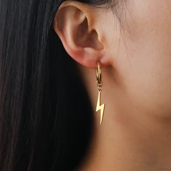 Skyrim Lightning Pendant Drop Earrings Women Men Stainless Steel Gold Color Hoop Earrings Hip Hop Punk Jewelry Birthday Gift
