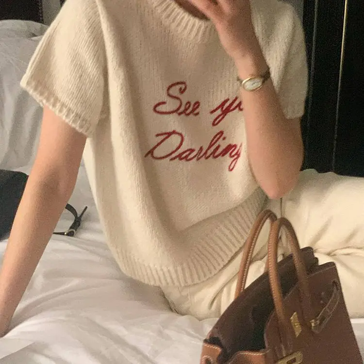 Korean Chic Autumn Sweater Elegant Round Neck Letters Contrast Color Loose Casual All-matching Short Sleeve Knitwear Tops