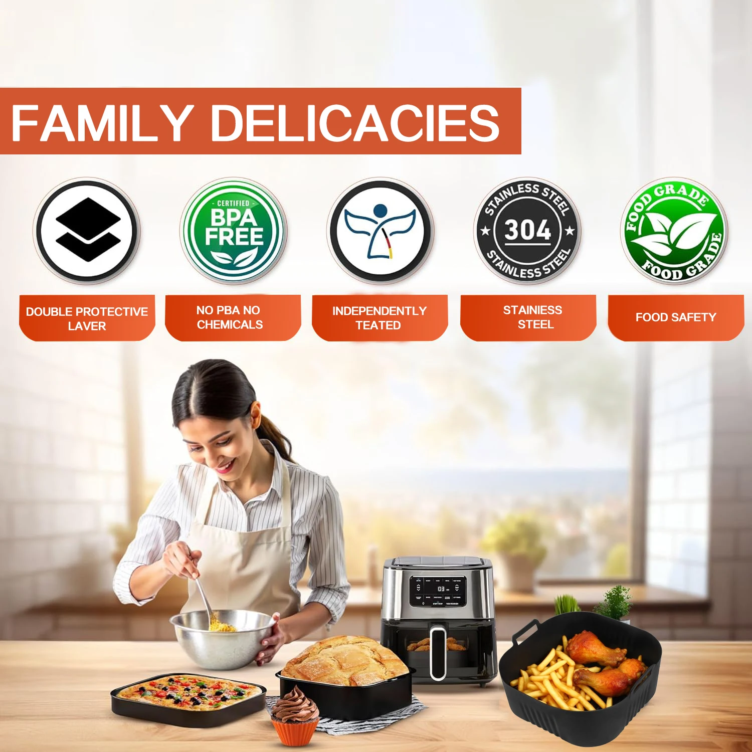 Air Fryer Accessories For Cosori 5.5L, Cecotec 6L, 6.5L, Ninja 6.2L XXL Square Silicone Air Fryer Mold
