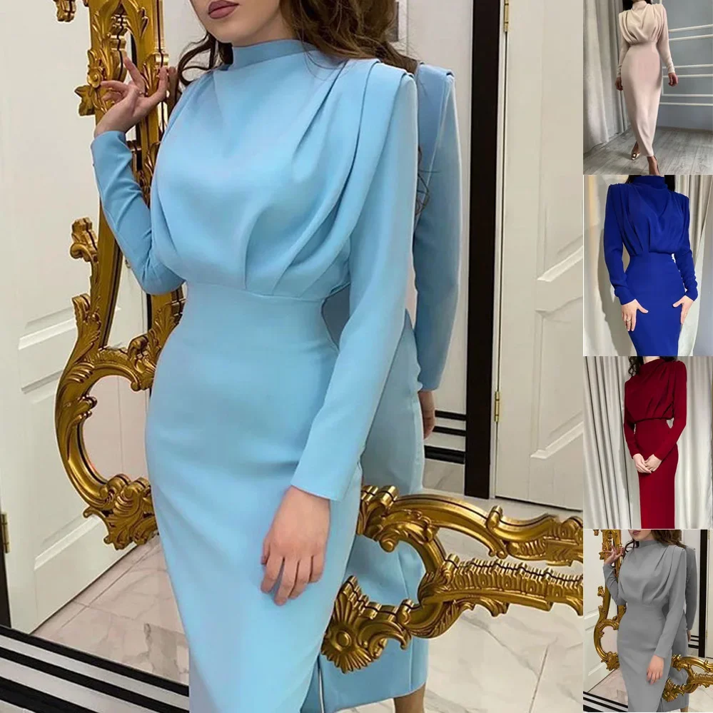 New Autumn Fashion Temperament Waist Foreign Look Thin Solid Color Long-sleeved Dress Women