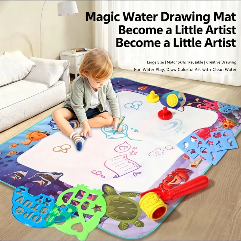 New 100*80cm Cartoon Animal Water Drawing Mat Set Extra Large Magic Water Doodle Mat for Kids Reusable Drawing with Clean Water