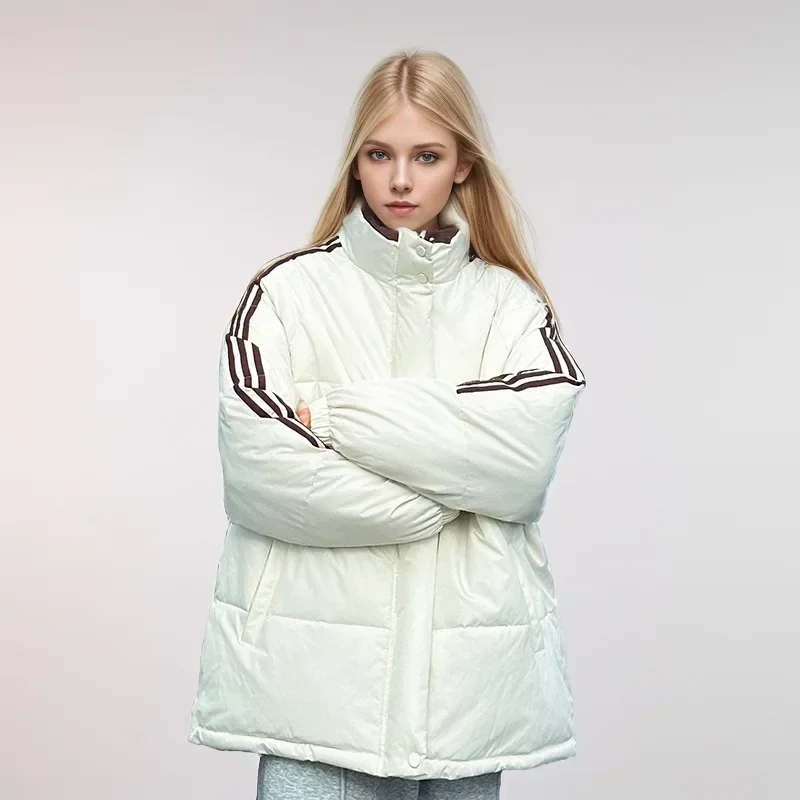 2024 American Style Vintage Striped Thick Down Cotton-padded Jacket For Women Winter Trendy Brand Couple Warm Puffer Coats