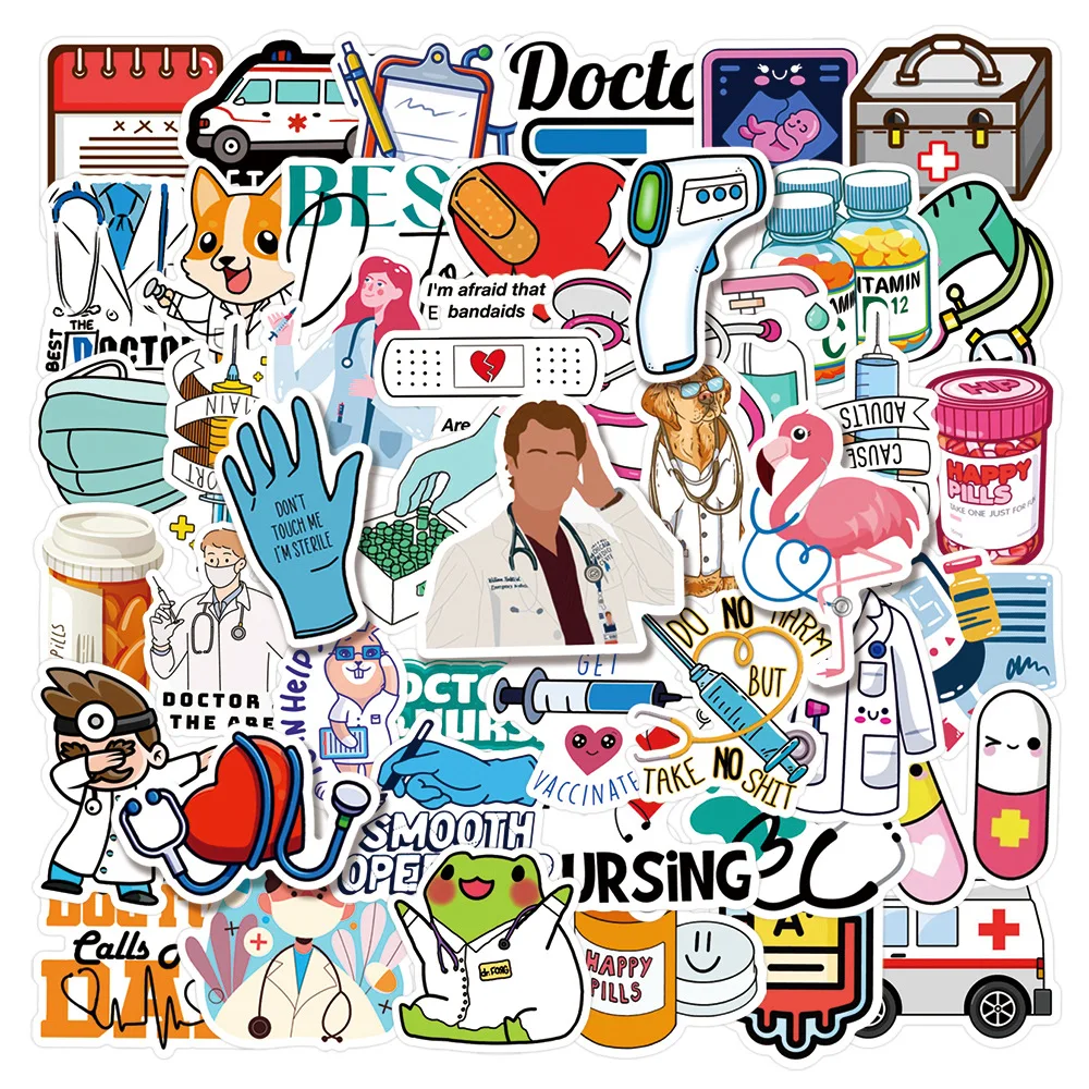 50Pcs Cartoon Doctor Occupation Small Icon Waterproof Sticker Graffiti iPad Helmet Guitar DIY Wall Kids Sticker Toy Decoration