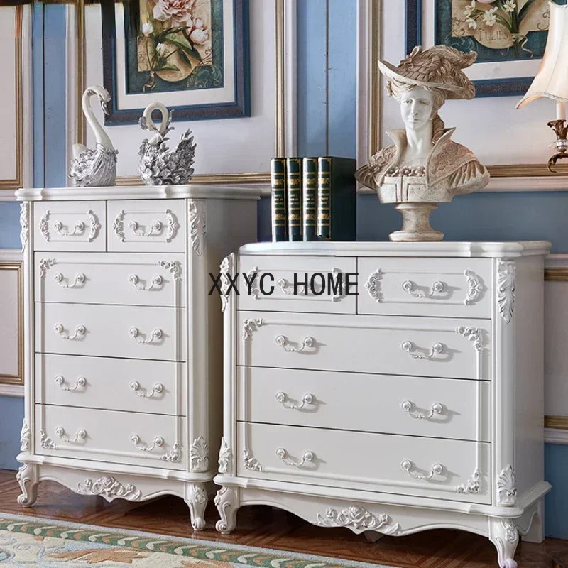 

European Style Chest of Drawers White Luxury Solid Wood Chest of Drawers Living Room Storage Drawer Storage Cabinet