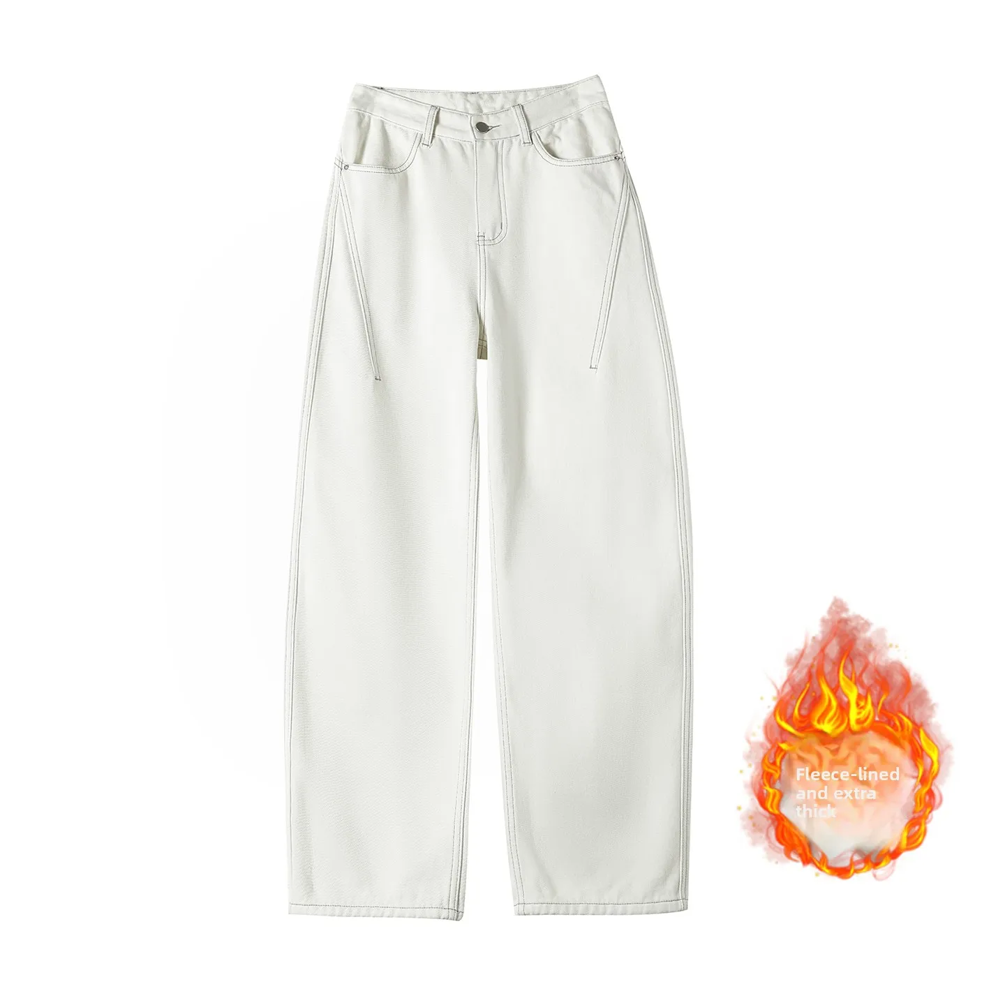 Y2K جينز نسائي أساسي عالي الخصر مع صوف واسع الساق سميك ودافئ سروال دينم نسائي غير رسمي أوف وايت منحني سكين