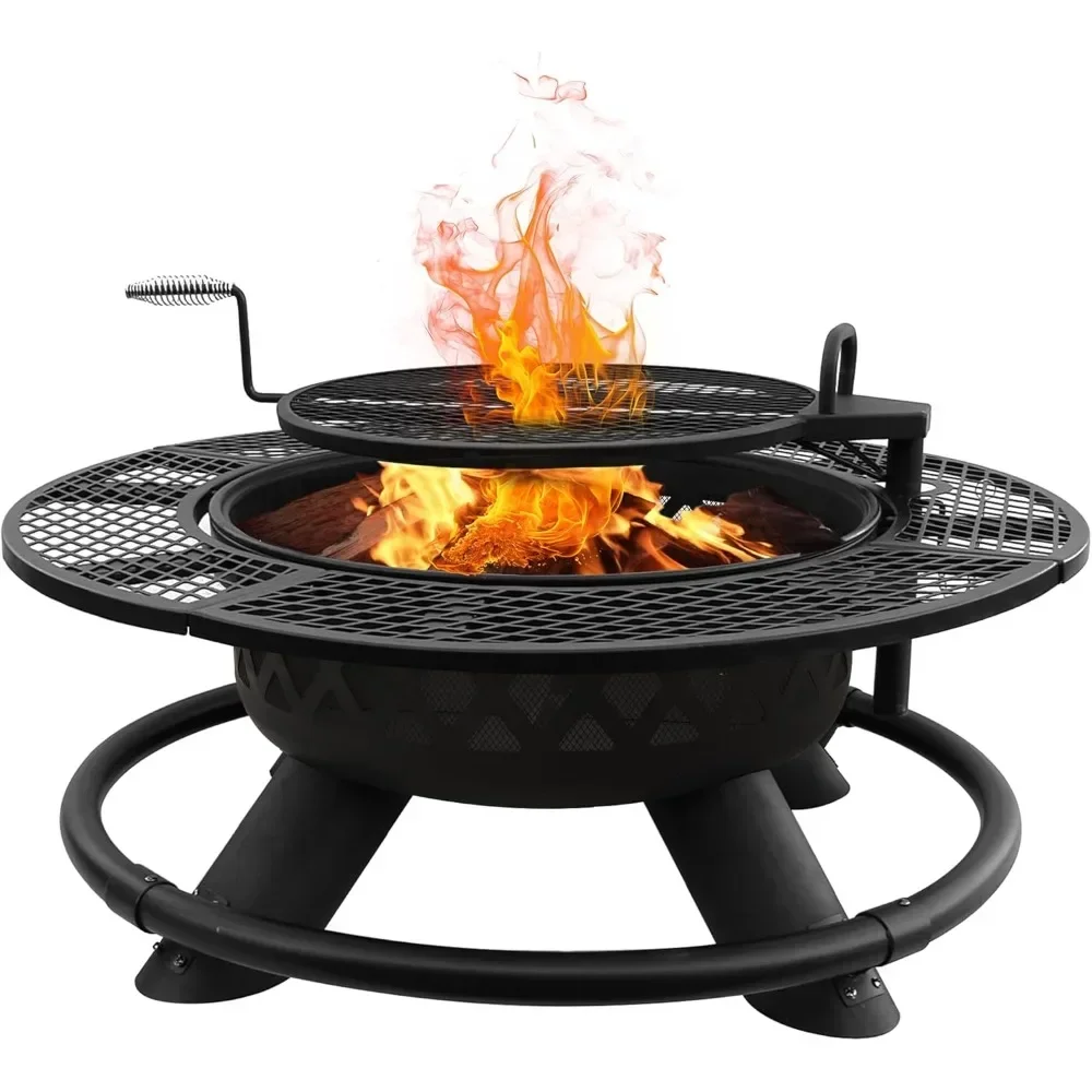 Gas Fire Pit Table 47-inch with Adjustable Grill Outdoor Fireplaces Large Wood Burning Outdoor Heating Fire Pits