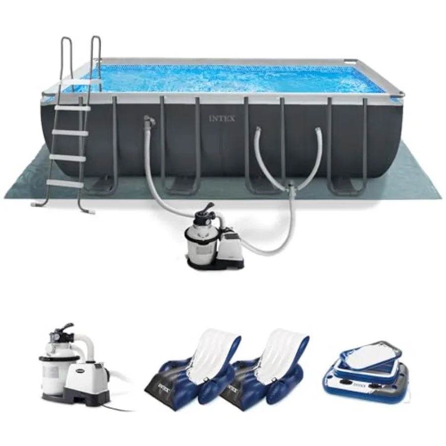 Above Ground Swimming Pool Set for backyard use, steel and PVC material, blue color, includes sand filter pump and inflatable l