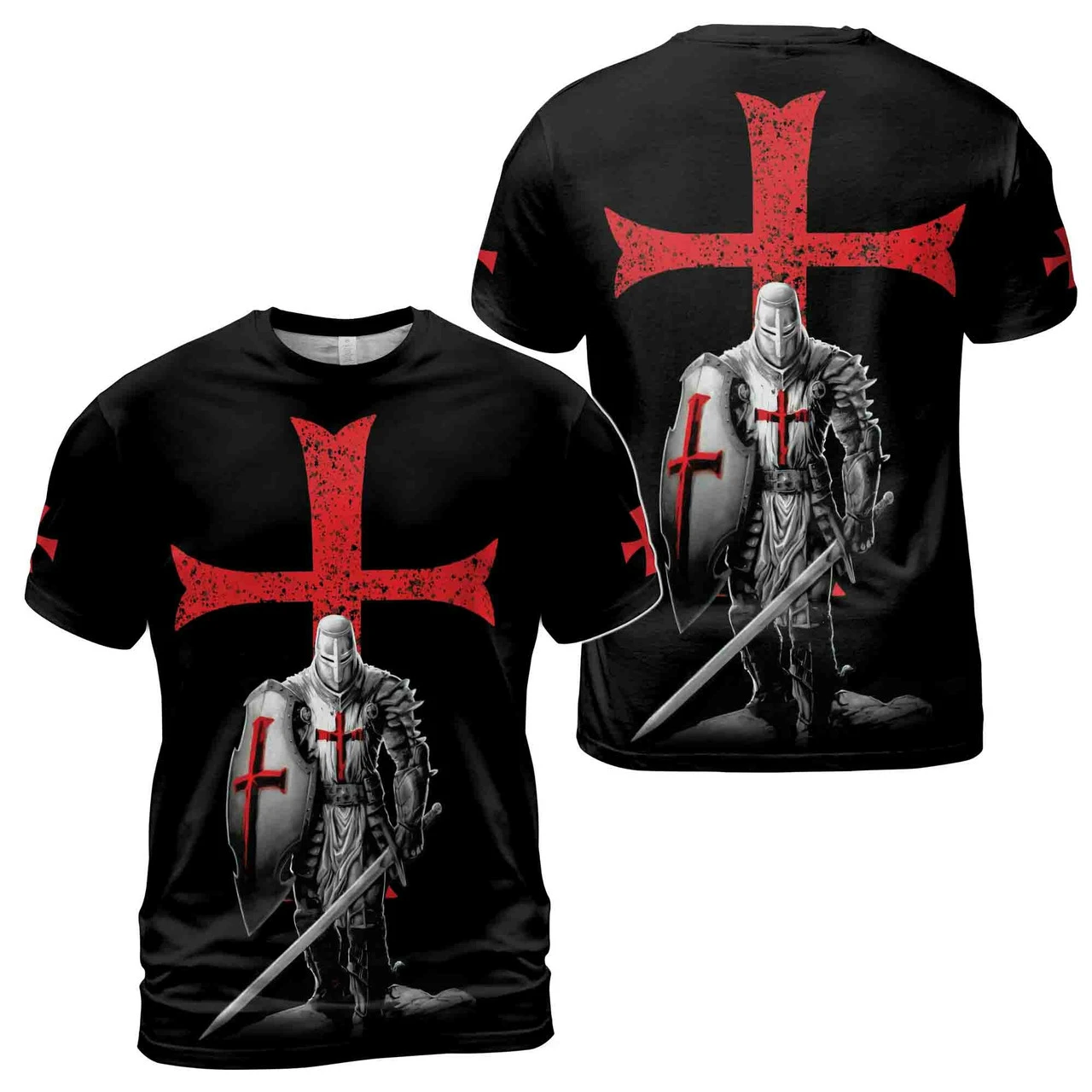 Crusaders Knight Print Men's T-shirts Street Hip Hop Short Sleeve Tees Casual O-neck Tops Christ Jesus Pattern Fashion Clothing