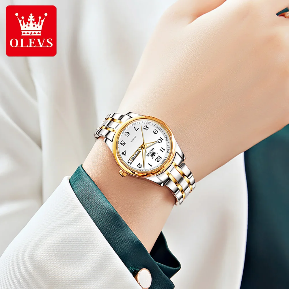 OLEVS 5563 Classic Quartz Watch for Women Set Elegant Dress Luminous Waterproof Week Date Clock Stainless Steel Wristwatch Gift