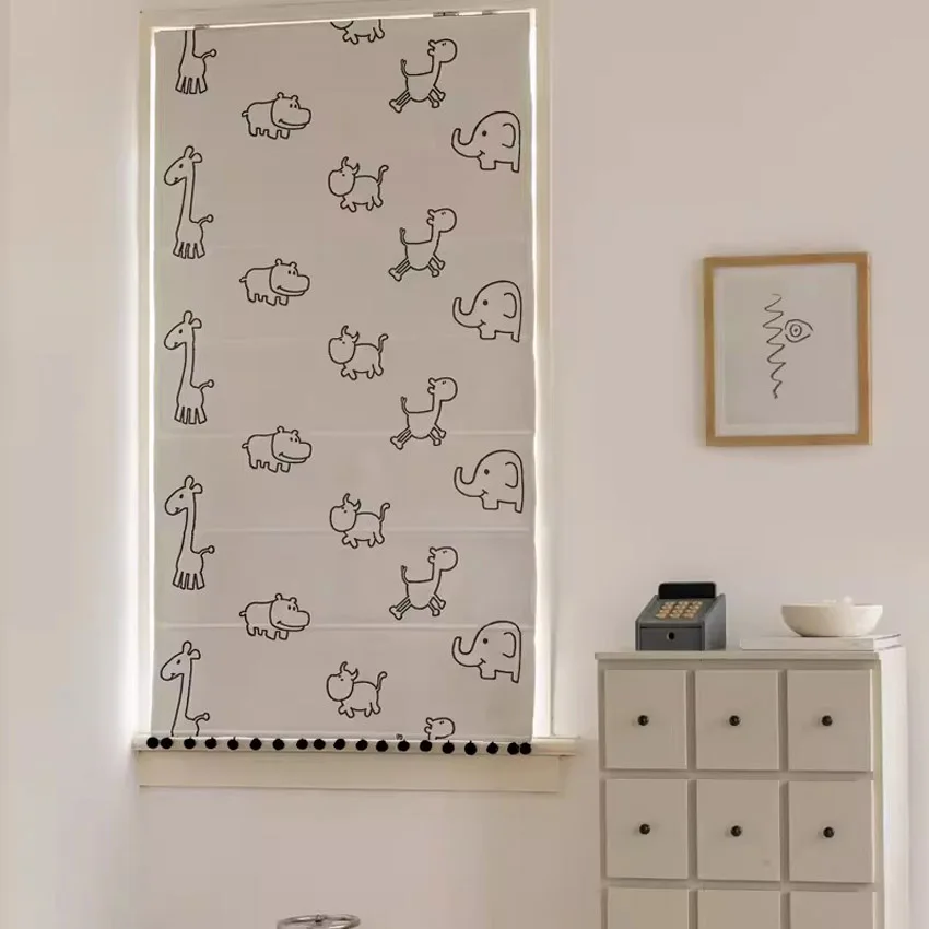 Cartoon Cotton Linen Animals Printed Fabric Custom Made Flat Roman Shades Window Blinds For Living Room Easy To Install