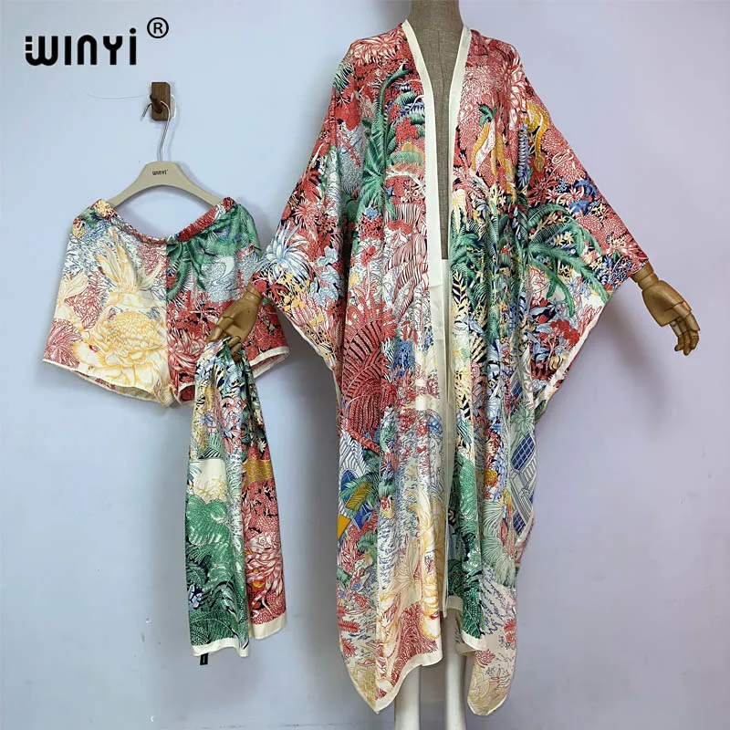 

WINYI bsummer beach two piece set for women Bohemian Print maxi long Sleeve fashion Dress Women Floor Length New vacation kimono