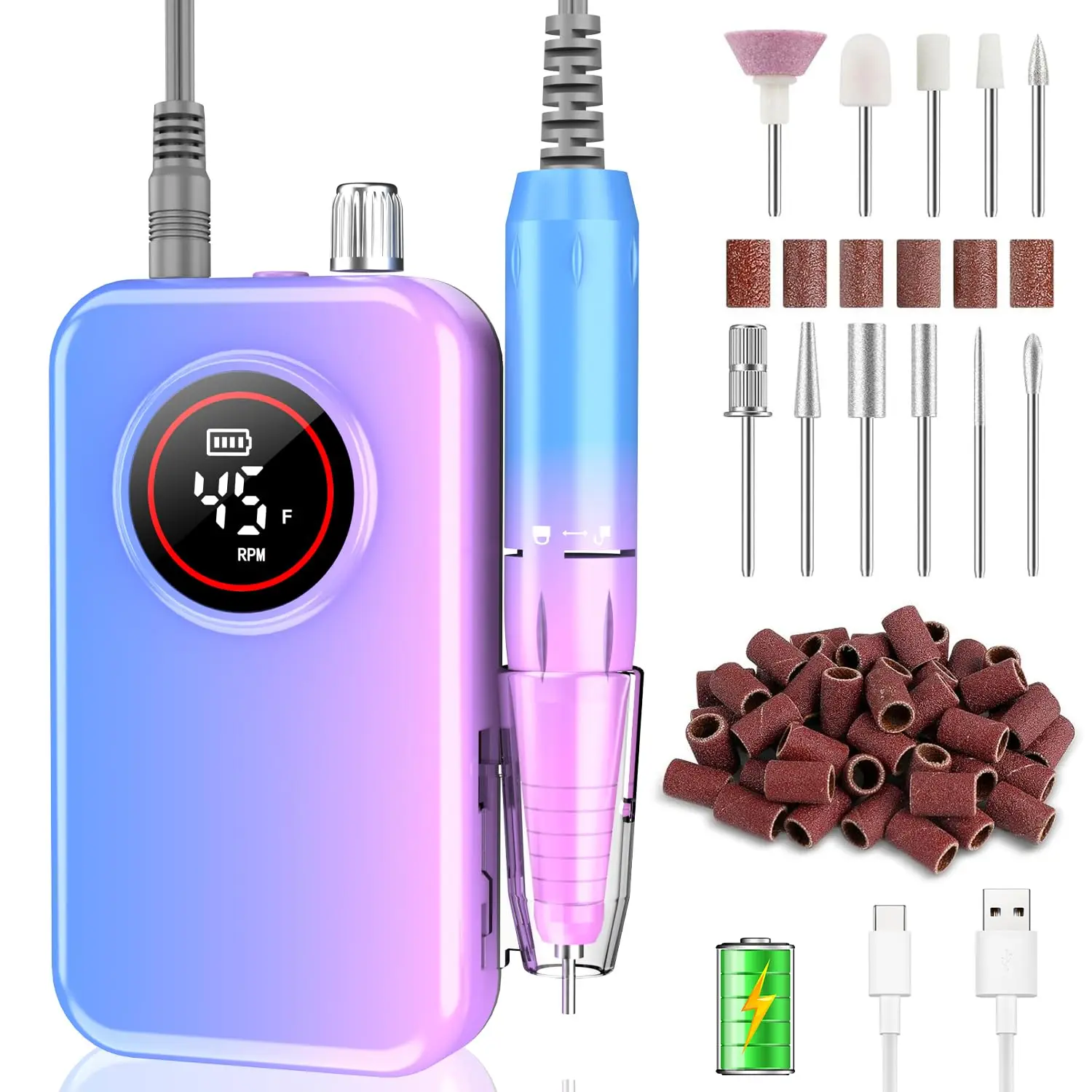 

45000 RPM Rechargeable Nail Drill Kit, 11 Bits, Portable for Home & Salon