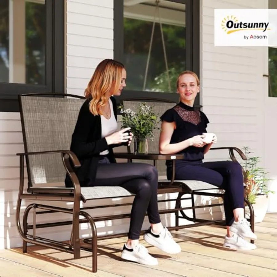 Outdoor Glider Bench with Center Table Metal Frame Armrests Brown