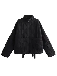 TRAFZA acolchada-Chaqueta de algodón para mujer, abrigo holgado de cuello alto con cordón, bolsillos antiguos lavados, decorado, invierno, nuevo