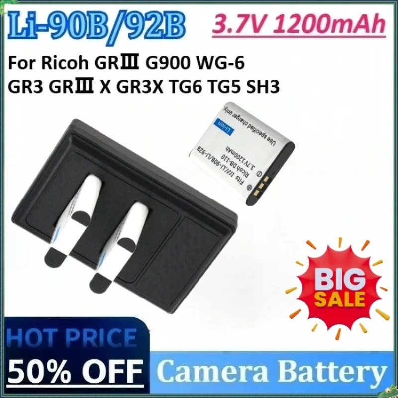 

New 3.7V 1200mAh Li-90B/LI92B DB-110 Camera Battery for Ricoh GRⅢ G900 WG-6 GR3 GRⅢ X GR3X TG5 SH3 TG6 with Dual Charger