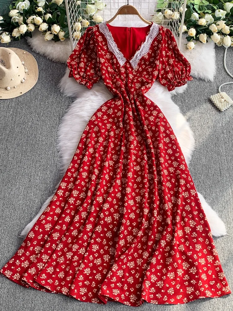 Red Floral Lace Splice V-ne Bubble Sve Dr Women's Summer Slimming Long Skirt High Waist A-line Midi Dr Korean Sle