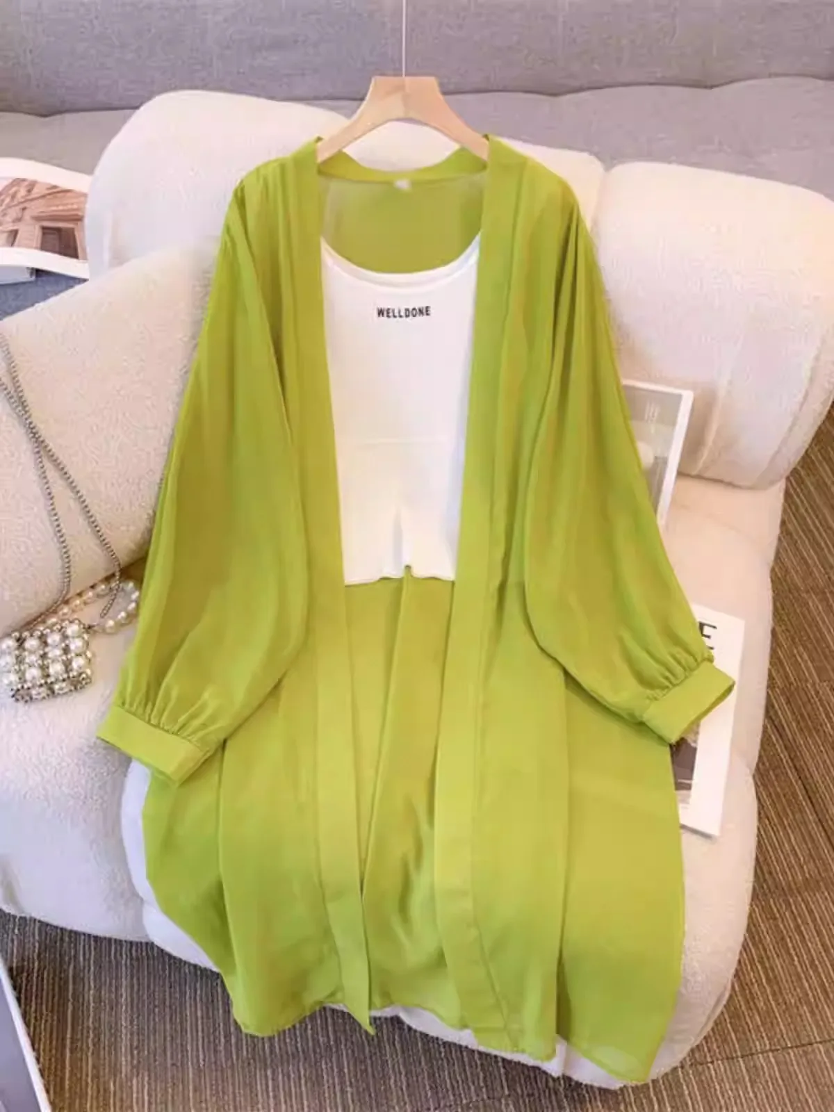 

Women's Summer New Long awl Cardigan Sun Protection Silk Chiffon Air Conditioner Cover up V Ne Svel Korean Sle