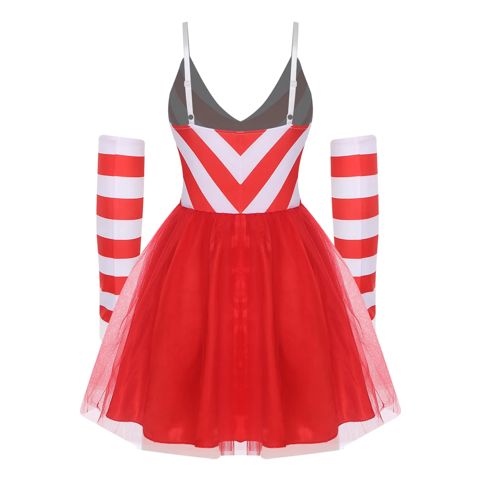 المرأة عيد الميلاد قصب الحلوى زي الخامس الرقبة قابل للتعديل الكتف الأشرطة فستان عيد الميلاد مع قفازات القوس لعطلة عيد الميلاد السنة الجديدة