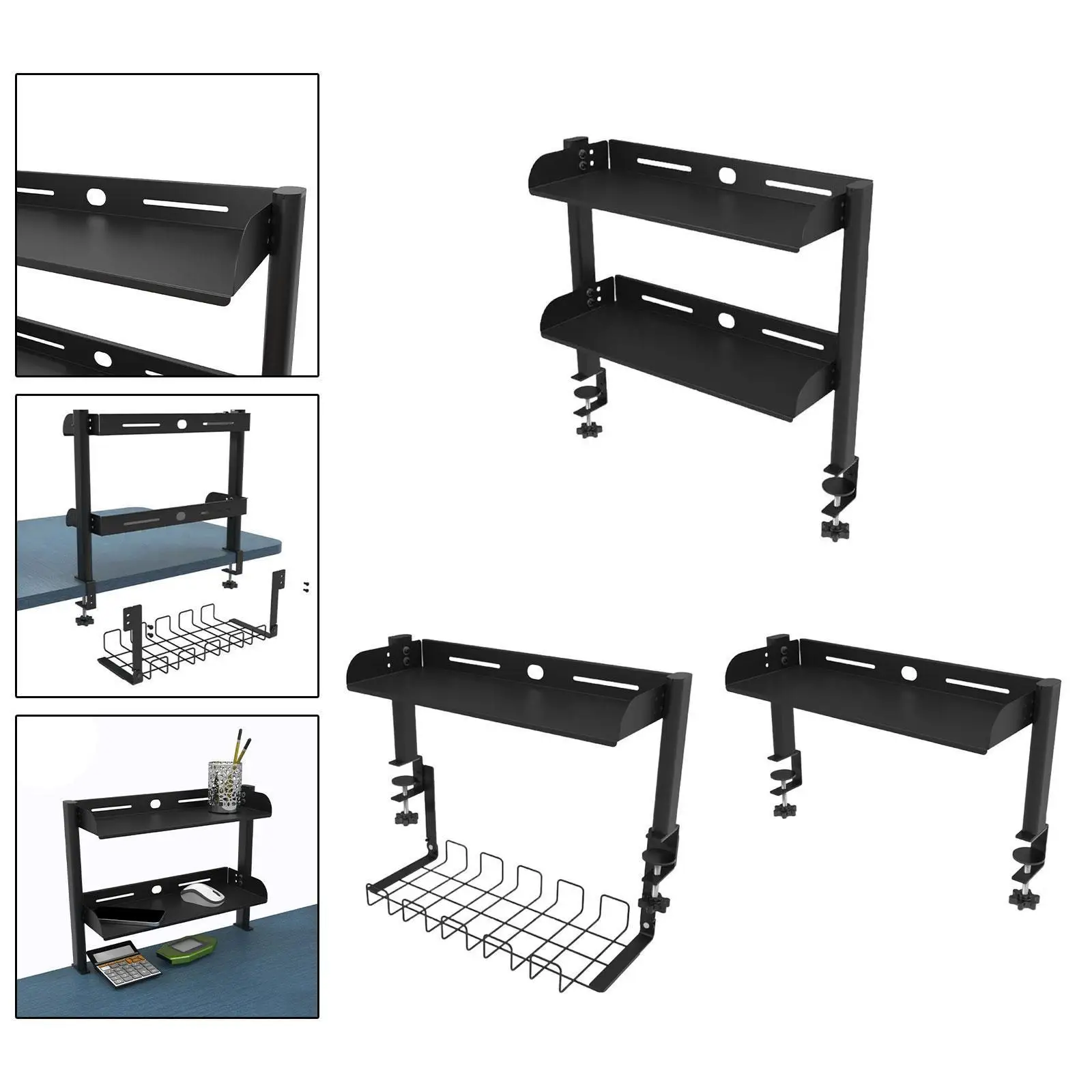 Clamp on Desk Shelf with Cable Management Large Capacity Carbon Steel Desktop Organizer for Monitor Stand Holder Under Table