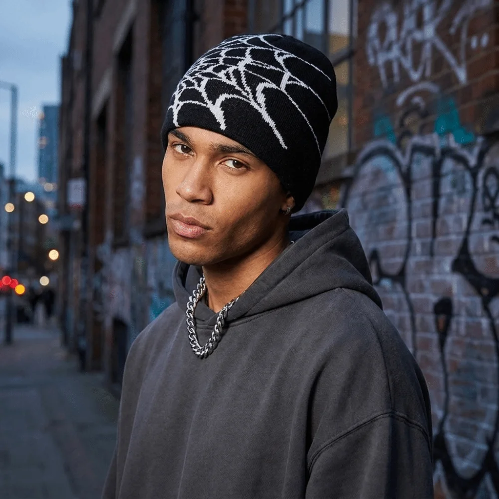 Beanie Cuffed Knit - Vintage zachte muts met spinnenwebpatroon, rekbare