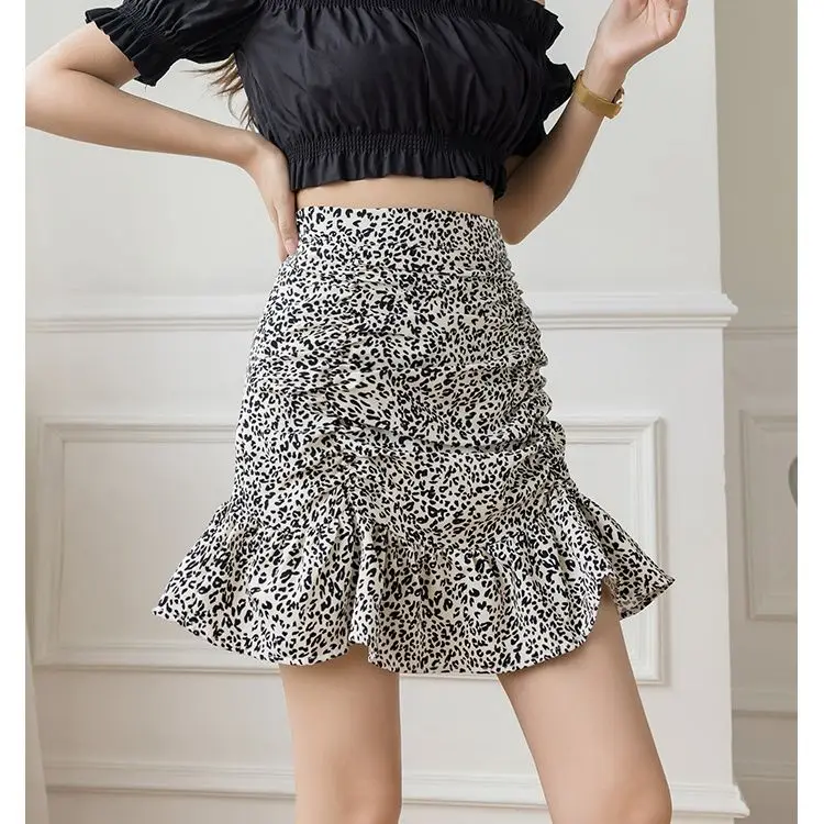 

New Leopard Print Pleated High Waist Summer Slim Versatile Floral Ruffle Fish Tail Short Skirt