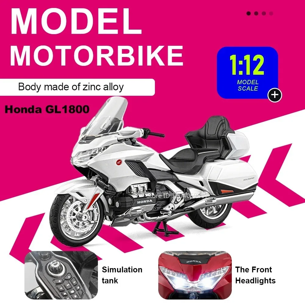 

Модель мотоцикла Honda GL1800 1:12, литая под давлением, со звуком, светом, амортизацией, поворотным рулем, имитация мотоцикла