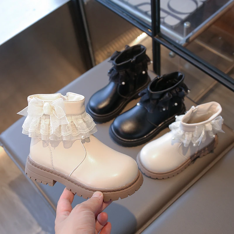 

Зимние сапоги для девочек, элегантные кружевные детские ботильоны принцессы с рюшами на краях для свадебной вечеринки, детские модные плюшевые сапоги на платформе