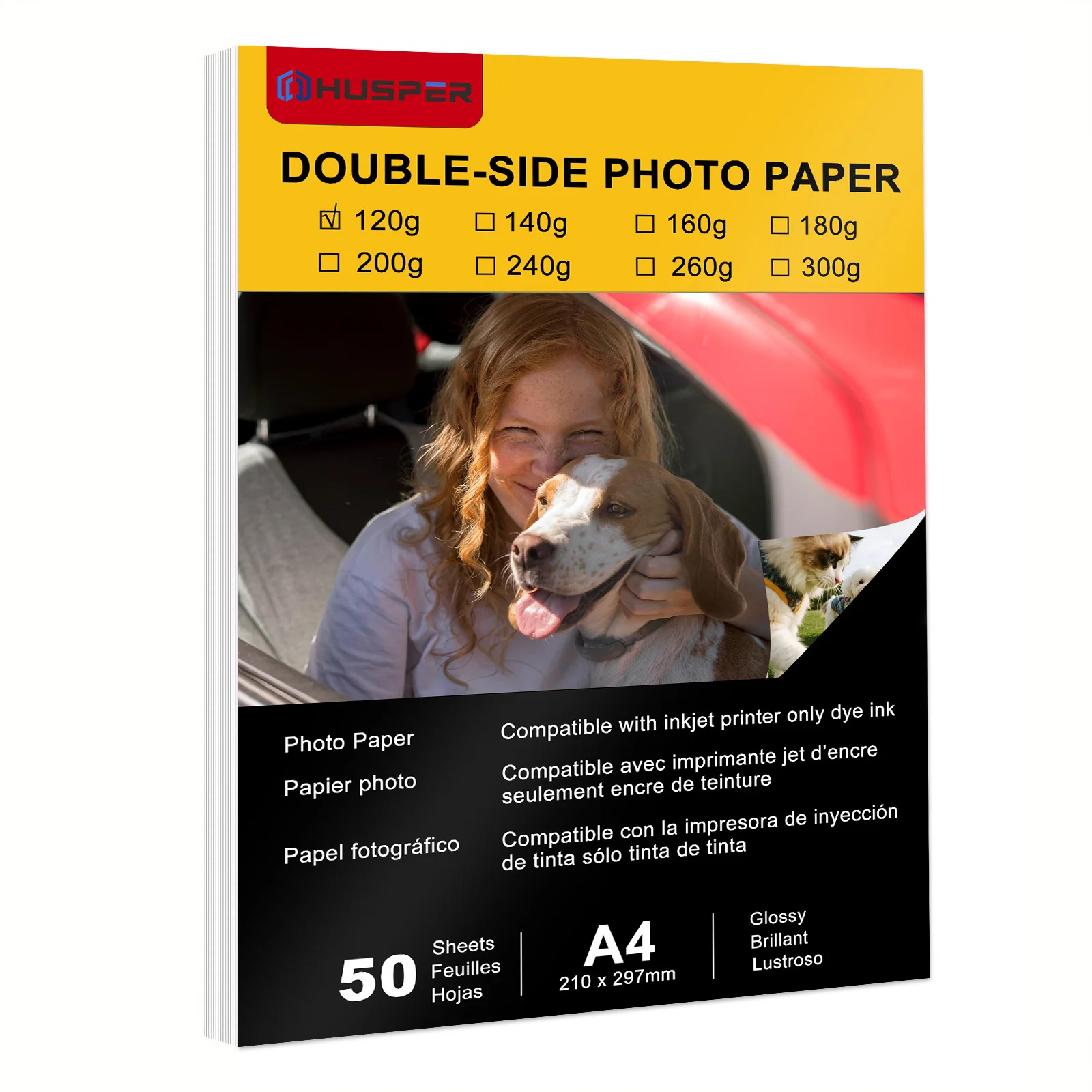 HUSPER 120gsm Double-Sided Glossy Photo Paper A4 Compatible with Inkjet Printers High-Resolution 50 Sheets for Clear And Vibrant