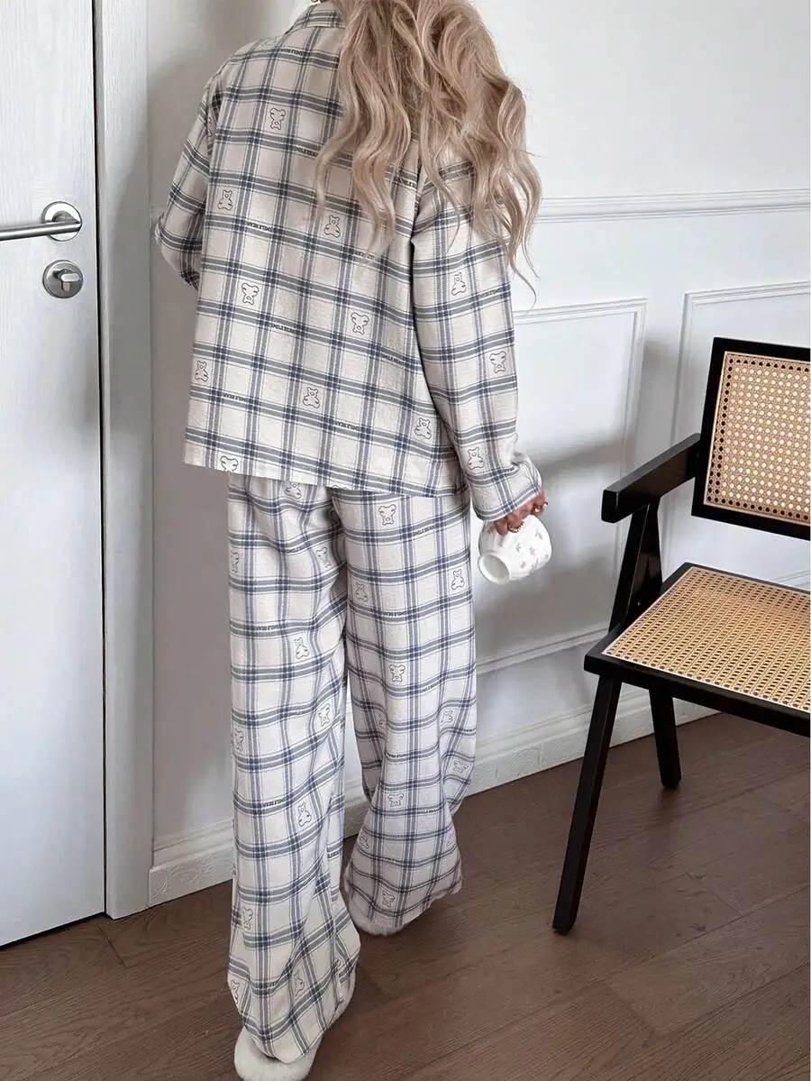 

Women Plaid Bear Print Long Sleeve Pajama Set Cotton Flannel Winter Sleepwear