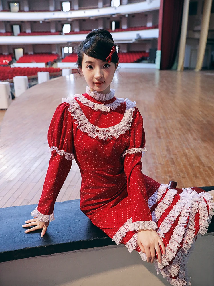 

Elegant Red Polka Dot Long Sleeve Cake Dress Hemline Gown Vintage Atmosphere South King Original Design High Waist A-Line Skirt