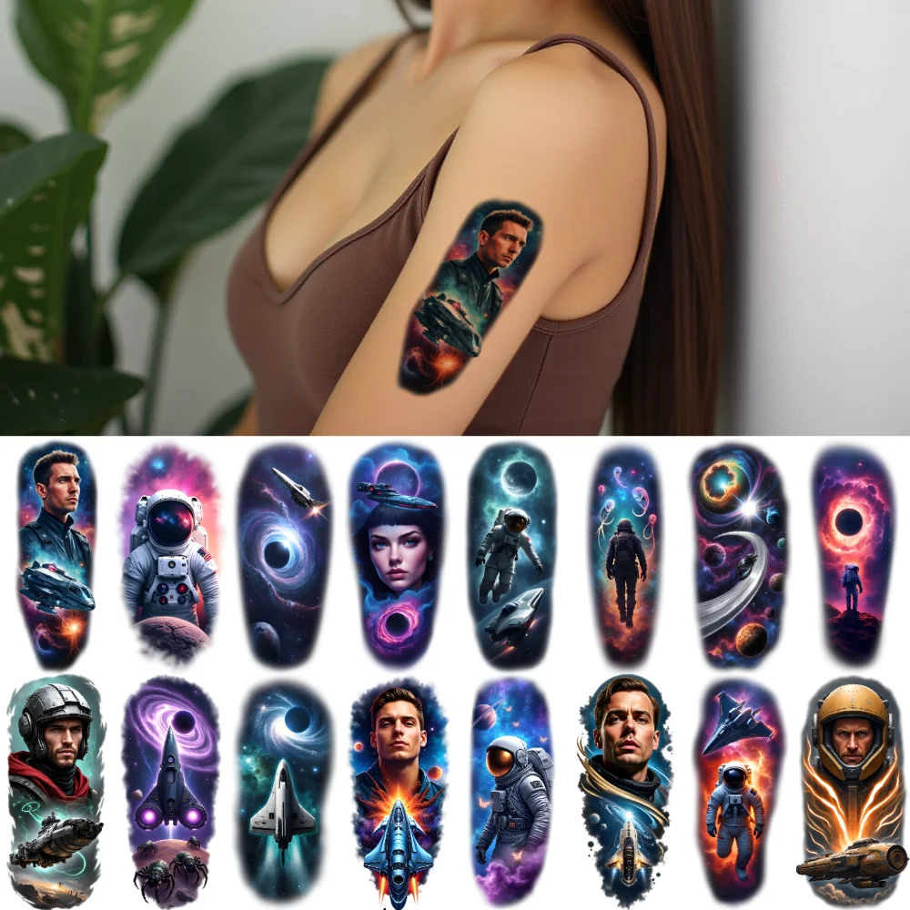 

12pcs Temporary Tattoo Planet Waterproof Long-lasting Body Stickers Astronaut Galaxy Colorful Realism Black Hole For Men Back