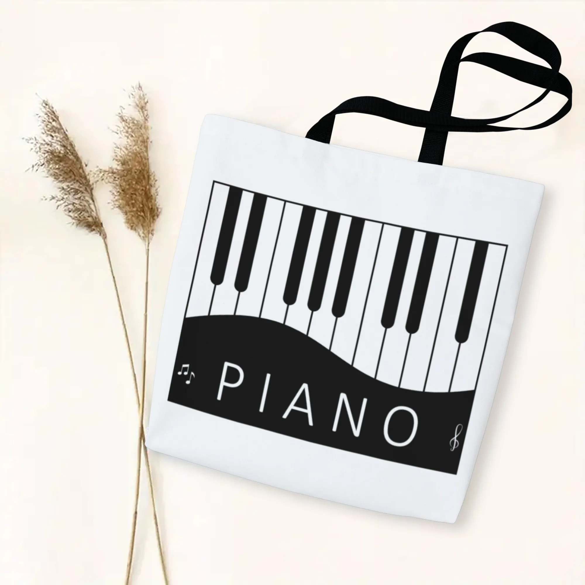 Black White Piano Keyboard Pattern Tote Bag Music Note Print Canvas Reusable Shoulder Bag Daily Shopping Bag for Music Fans