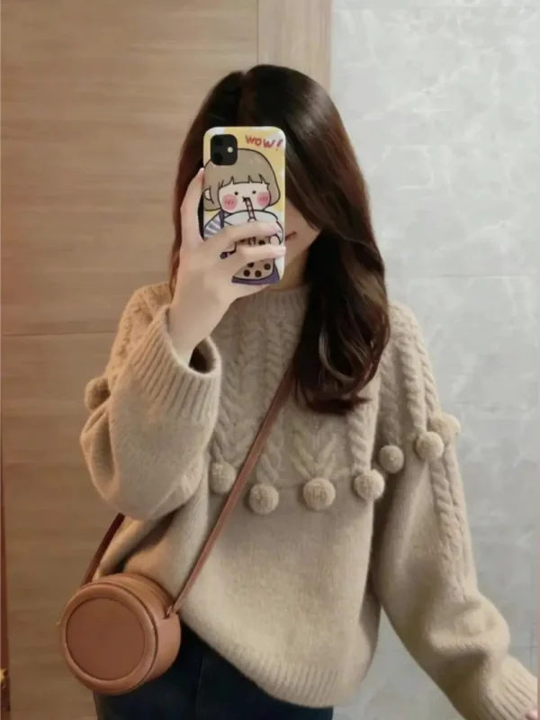 

Уникальный вязаный свитер с круглым вырезом и вставками из пушистого материала, женский модный универсальный трикотажный топ в стиле ретро, с длинными рукавами, из полиэстера.