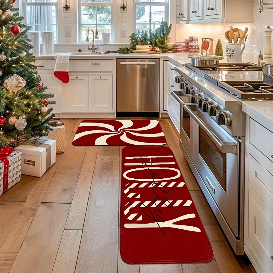 VIKAMA Christmas Kitchen Rugs 2 Pack Non Slip Washable Floor Mats Xmas Candy Stripe Letter Print Kitchen Runner Decor