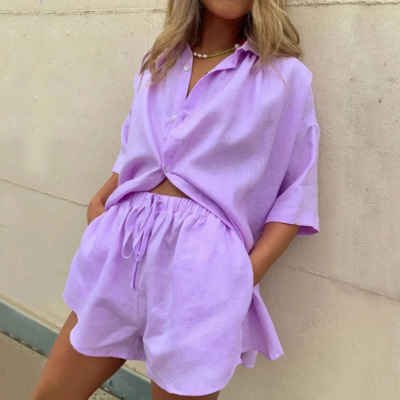 

Summer New Women Solid Color Single breasted Shirt Two Piece Set Beach Vacation Loose Large Fashion Leisure Set