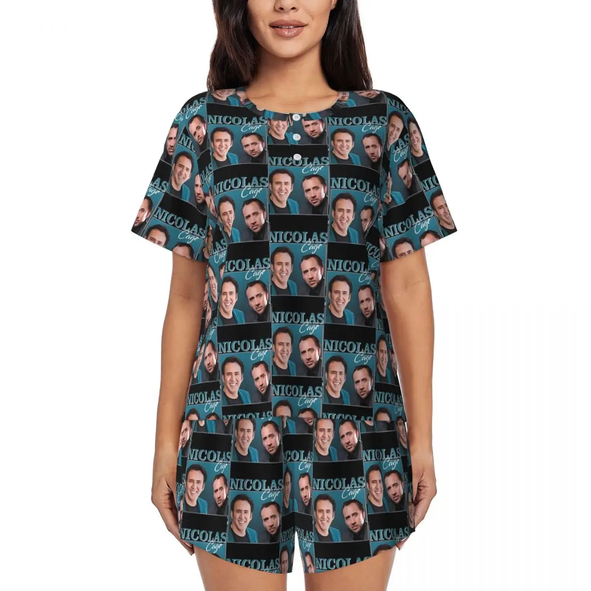 

Николас Кейдж пижамы с коротким рукавом забавные Николас из двух предметов повседневные пижамные комплекты летние женские с круглым вырезом ретро ночная рубашка