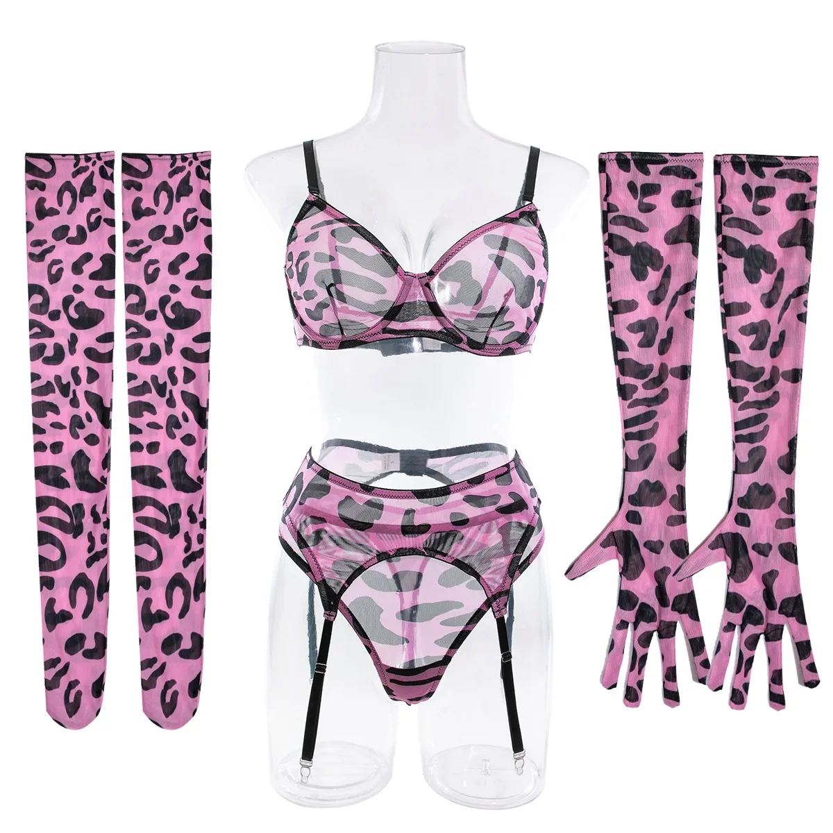 Sexy Pink Leopard Printed Bra Gloves Leg Socks Lingerie Set Women\'s Perspective Comfortable Mesh Exotic Apparel Underwear Suit