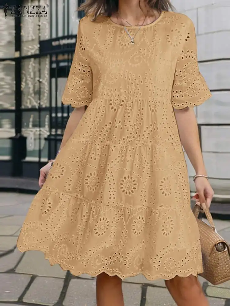 ZANZEA Summer Bohemian Holiday Lace Crochet Dress Women Short Sleeve Work Party Sundress 2024 Fashion A Line Loose Vestidos