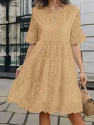 ZANZEA Summer Bohemian Holiday Lace Crochet Dress Women Short Sleeve Work Party Sundress 2024 Fashion A Line Loose Vestidos